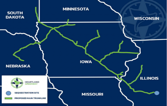Map of the proposed Heartland Greenway CO2 pipeline