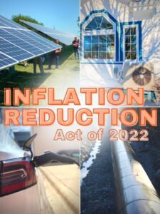 Solar panels on a farm, a heat pump heating a house in winter, an electric car charging, and a pipeline with the text "Inflation Reduction Act of 2022" overlaid