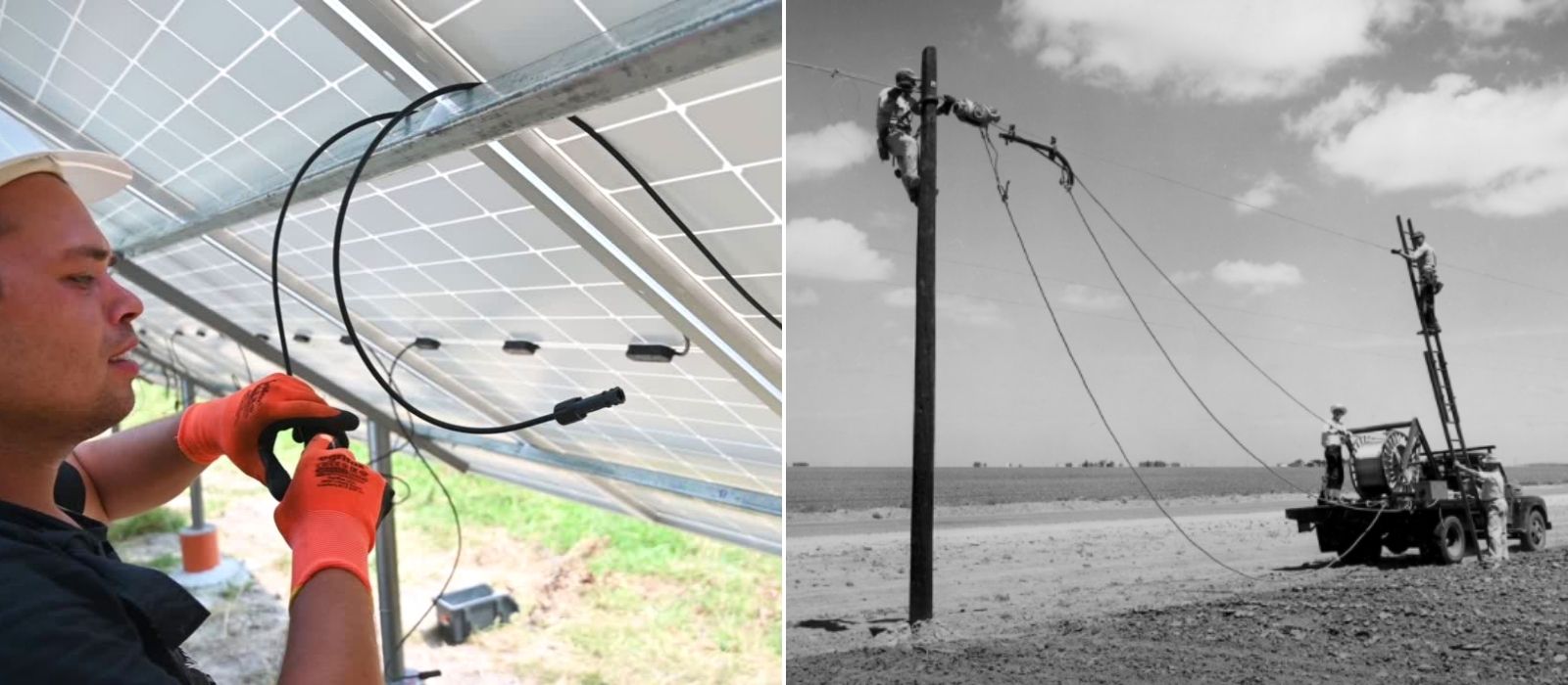 Top image is a man wiring a solar panel; the bottom image is black and white featuring rural electric co-op linemen stringing powerlines as part of the rural electrification act.