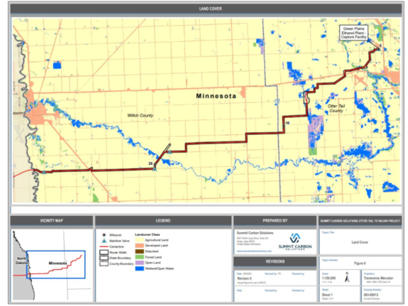 The proposed route of Summit Carbon Solutions CO2 pipeline in Otter Tail and Wilkin Counties in Minnesota. 