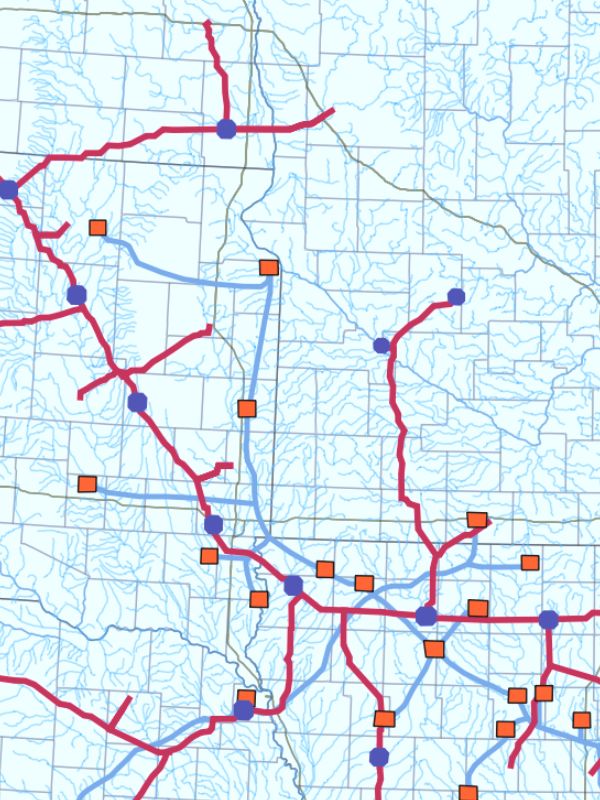 map of CO2 pipelines proposed for Minnesota